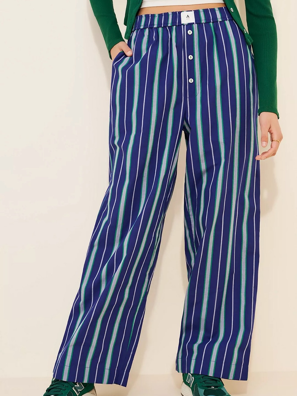 NWT Anthropologie Straight Leg Poplin Boxer Pants Blue Green Stripe